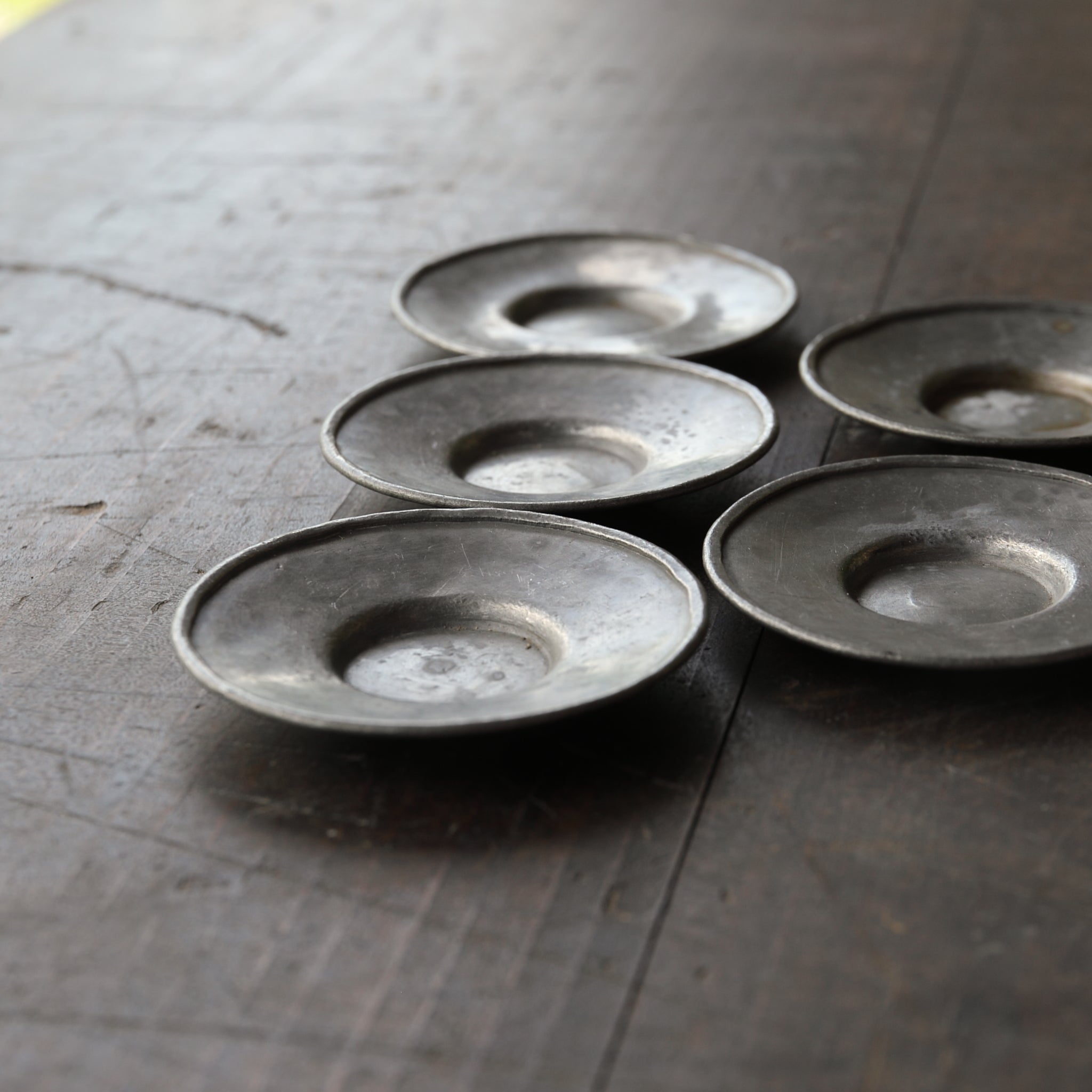 Qing Dynasty Antique Tin Round Small Tea Tray with Inscription, with Wooden Box, Qing Dynasty (1616-1911CE)