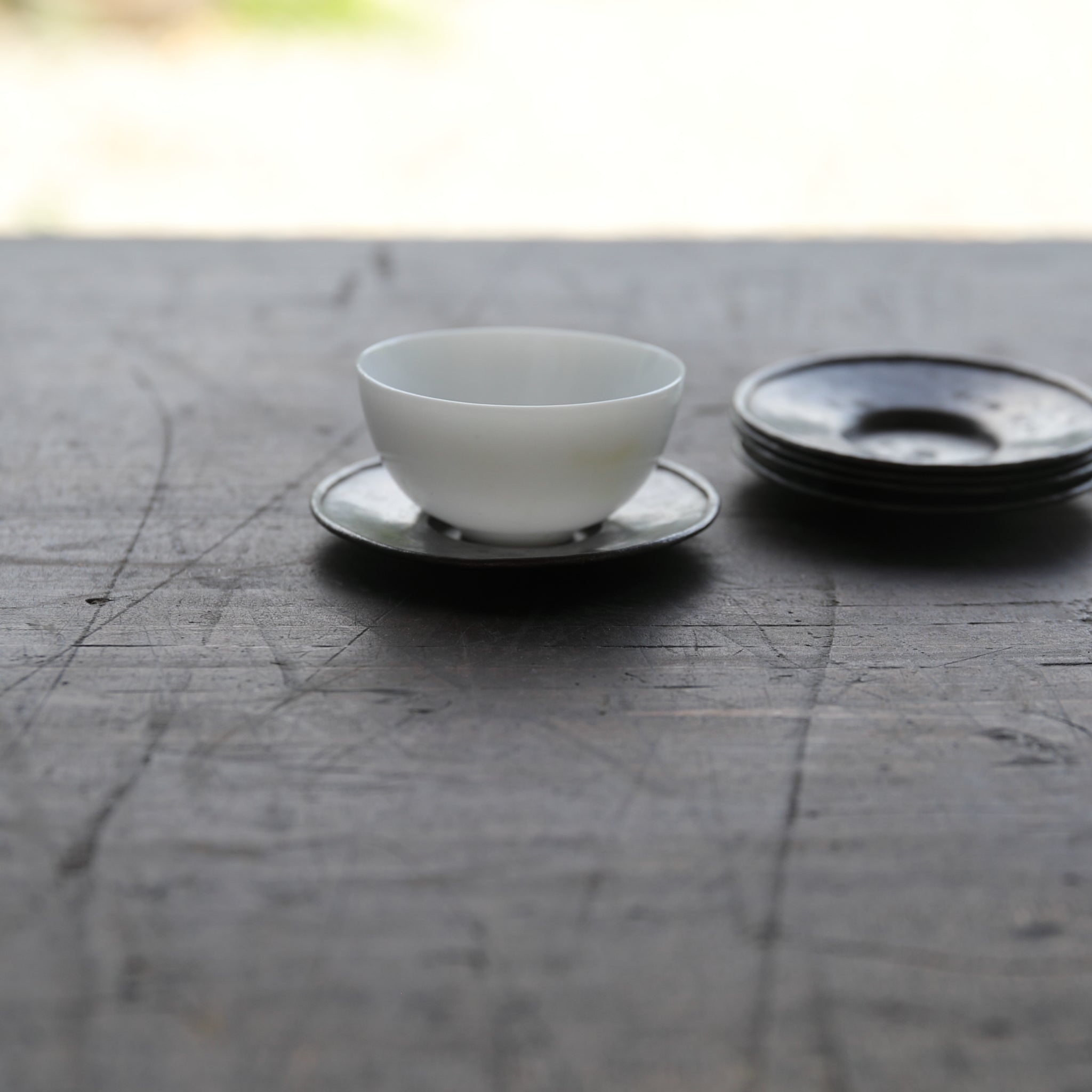 Qing Dynasty Antique Tin Round Small Tea Tray with Inscription, with Wooden Box, Qing Dynasty (1616-1911CE)