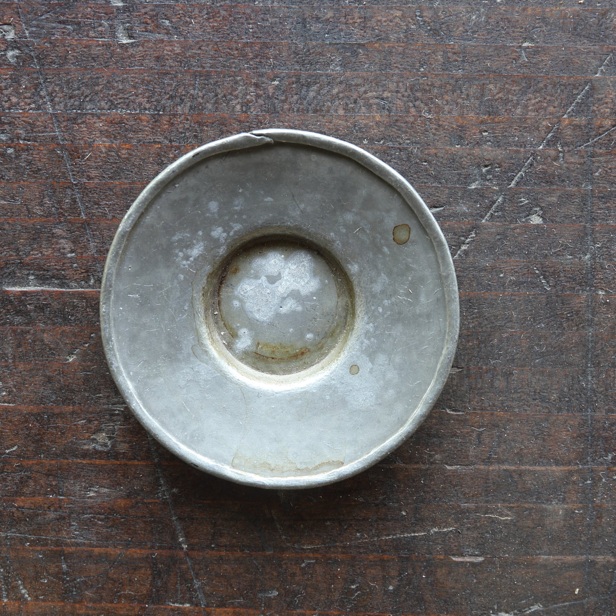 Qing Dynasty Antique Tin Round Small Tea Tray with Inscription, with Wooden Box, Qing Dynasty (1616-1911CE)