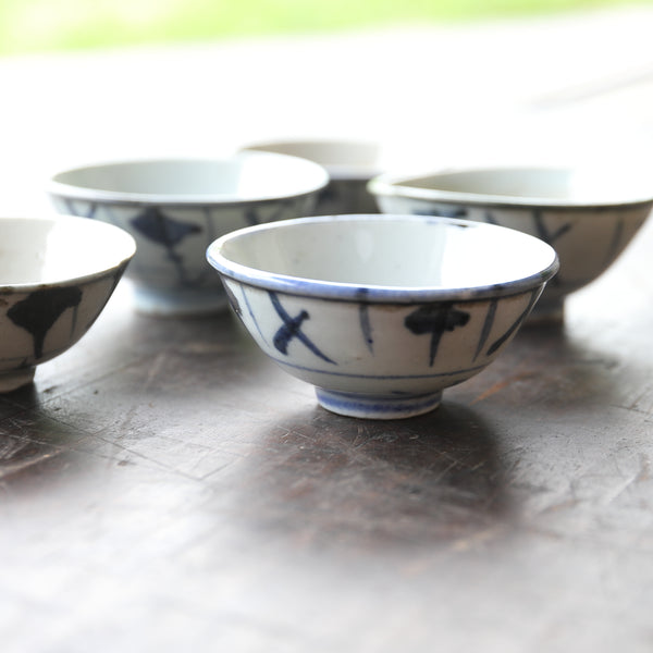 清代染付草文煎茶碗，共5客，清時代（1616-1911年）