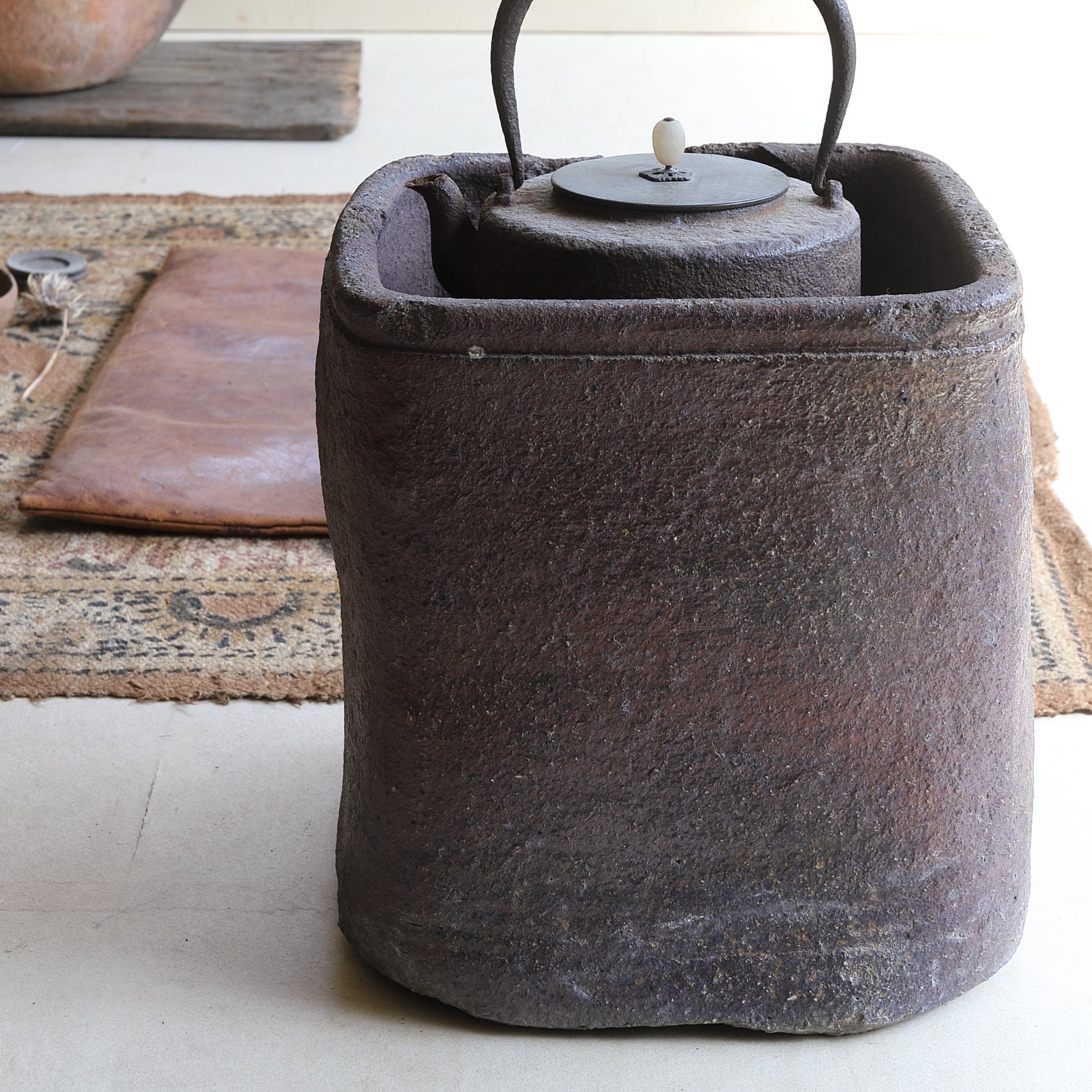 Antique Bizen Square Hibachi with Vase Hanger, Azuchi-Momoyama to Edo Period (1573-1867CE)