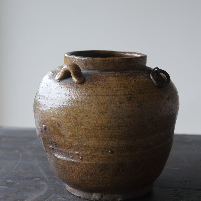 Antique Seto Iron Glaze Twin-handle Hanging Flower Vase, Edo Period (1603-1867 CE)