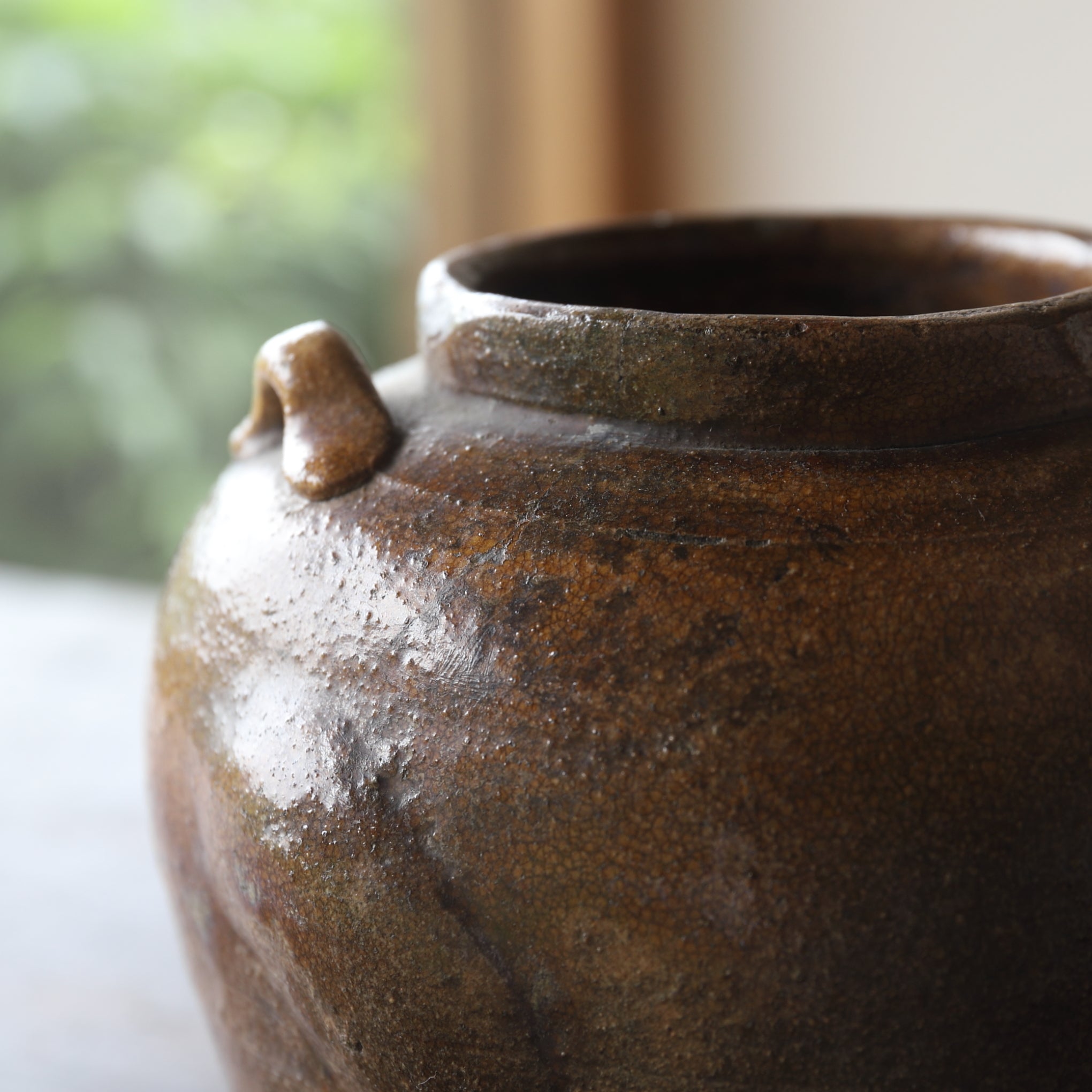 Antique Seto Iron Glaze Twin-handle Hanging Flower Vase, Edo Period (1603-1867 CE)