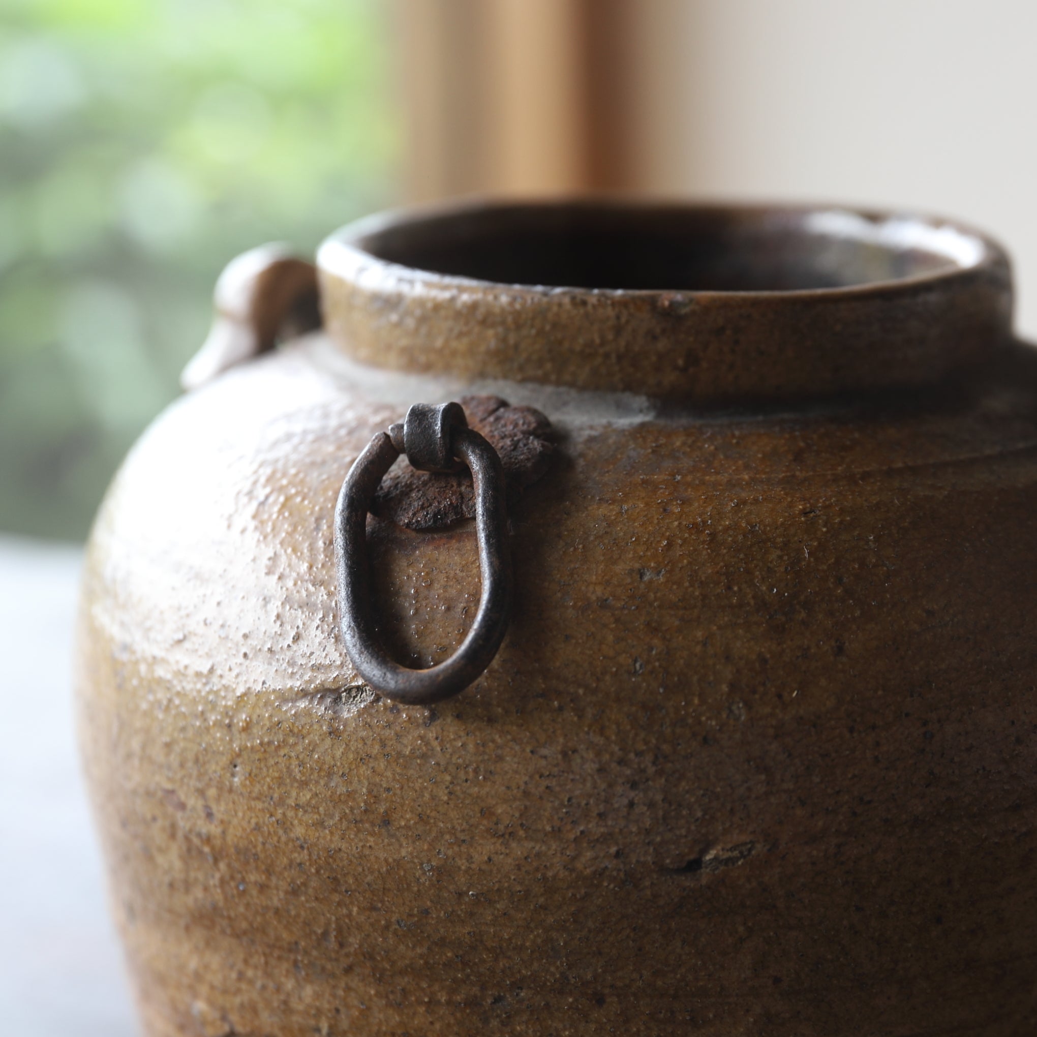 Antique Seto Iron Glaze Twin-handle Hanging Flower Vase, Edo Period (1603-1867 CE)