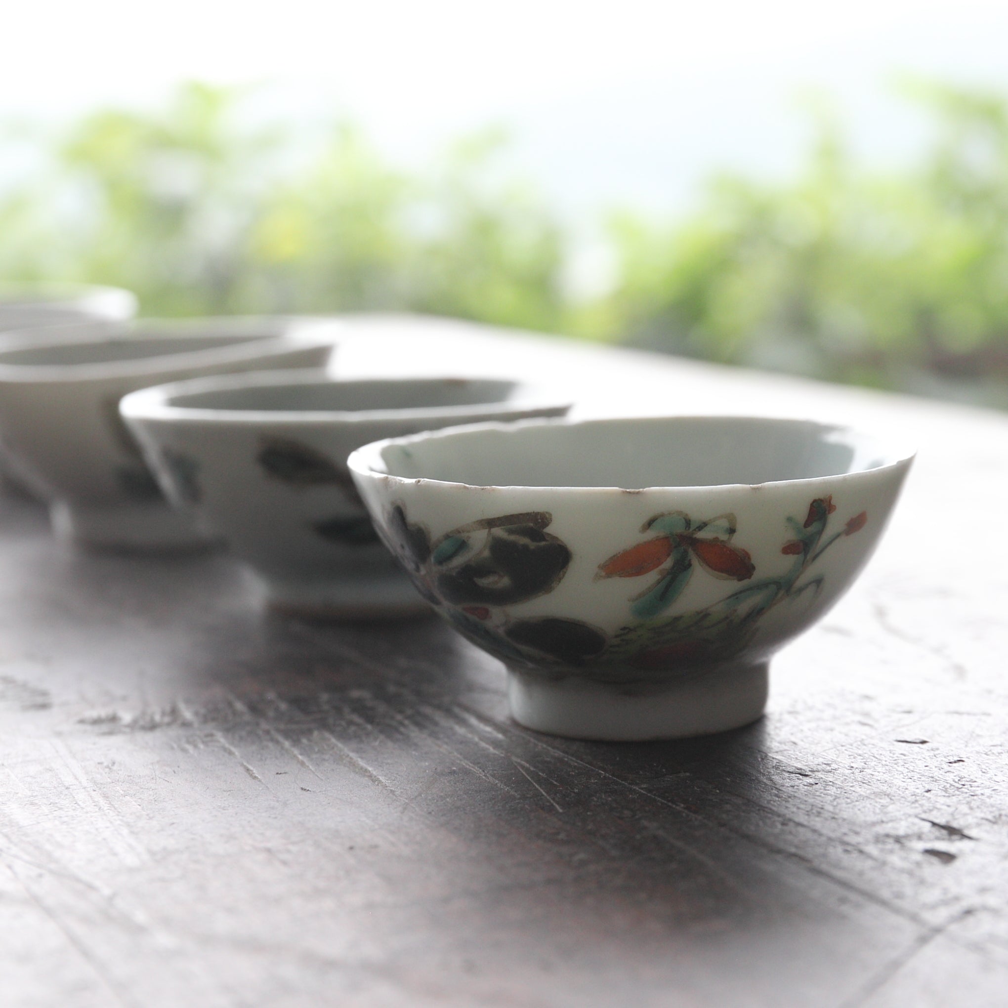 瑠】民国期 粉彩 花文杯 煎茶碗 五客 煎茶道具 粉彩