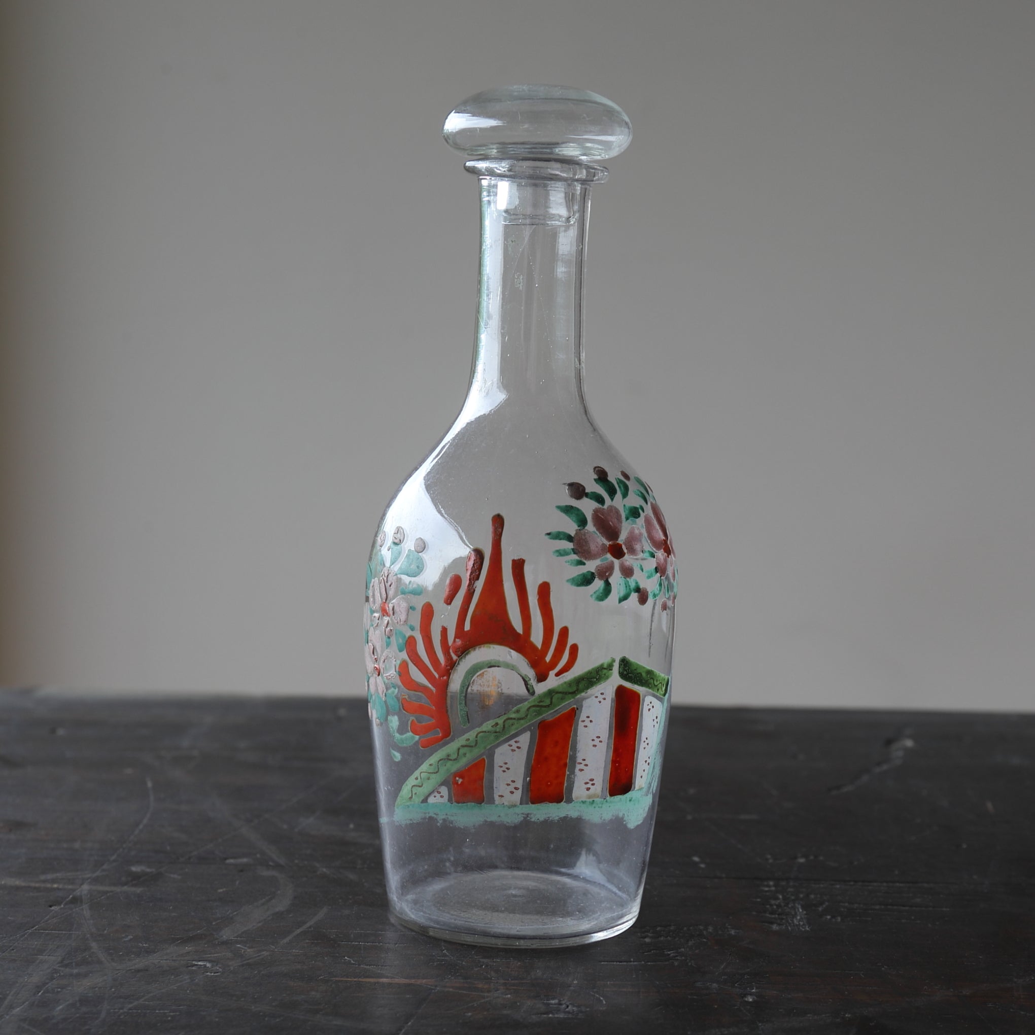 Italian Antique Enamel Painted Glass Bottle with Lid, 19th-20th Century