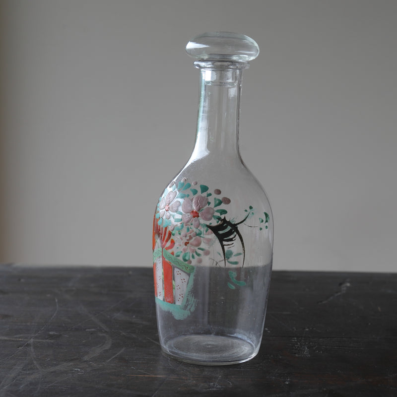 Italian Antique Enamel Painted Glass Bottle with Lid, 19th-20th Century