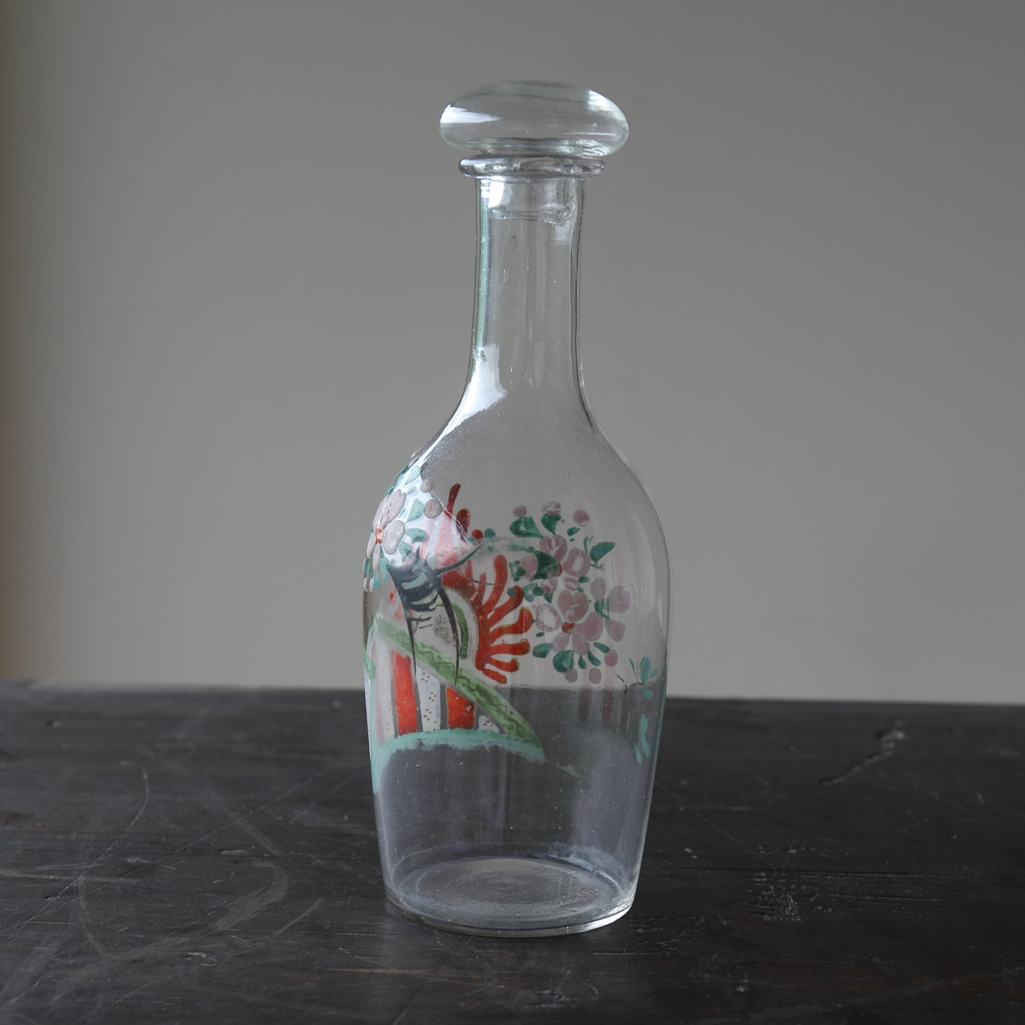 Italian Antique Enamel Painted Glass Bottle with Lid, 19th-20th Century