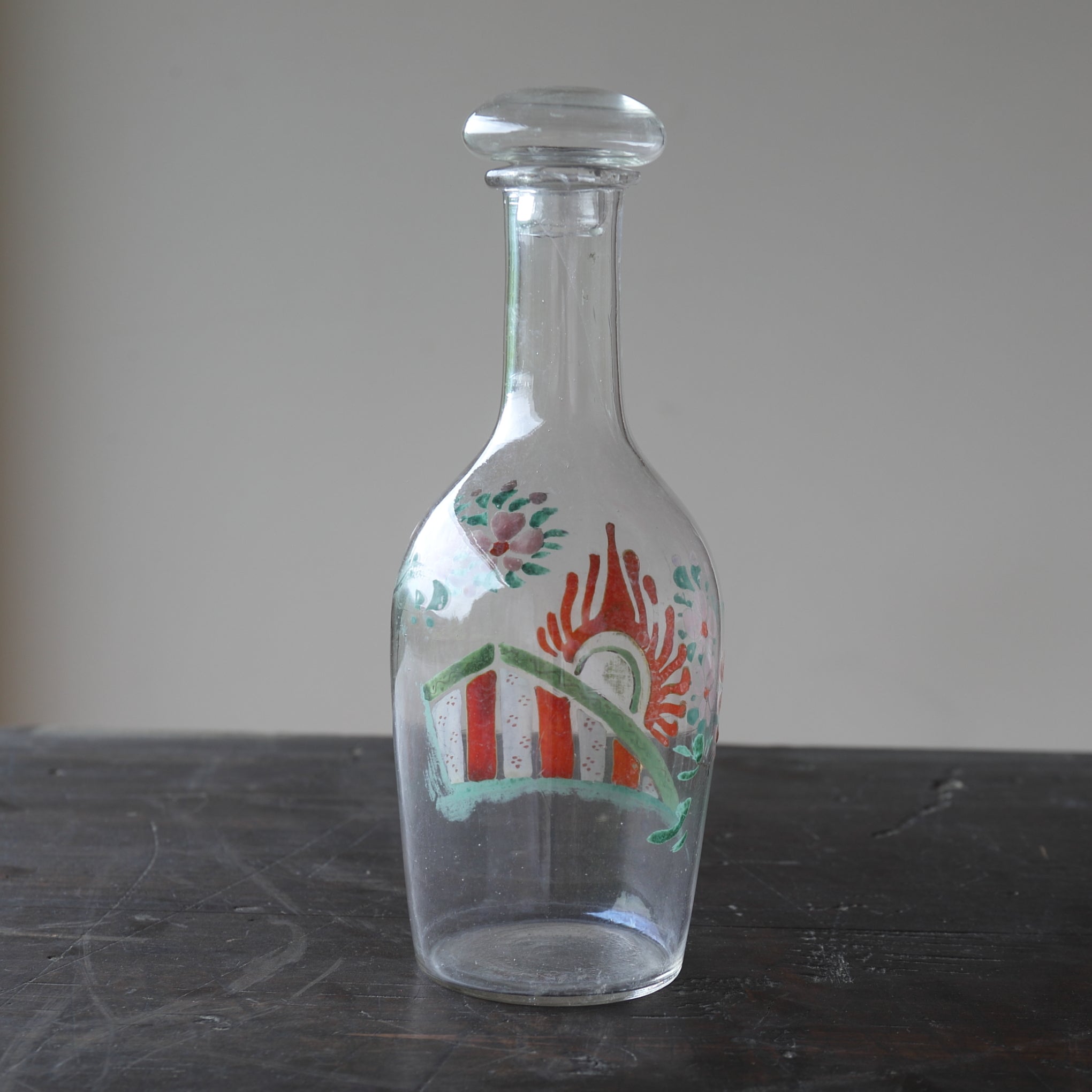 Italian Antique Enamel Painted Glass Bottle with Lid, 19th-20th Century