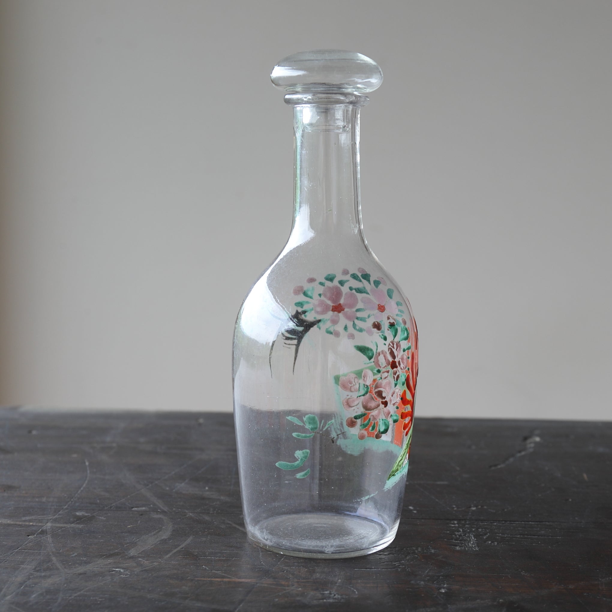 Italian Antique Enamel Painted Glass Bottle with Lid, 19th-20th Century