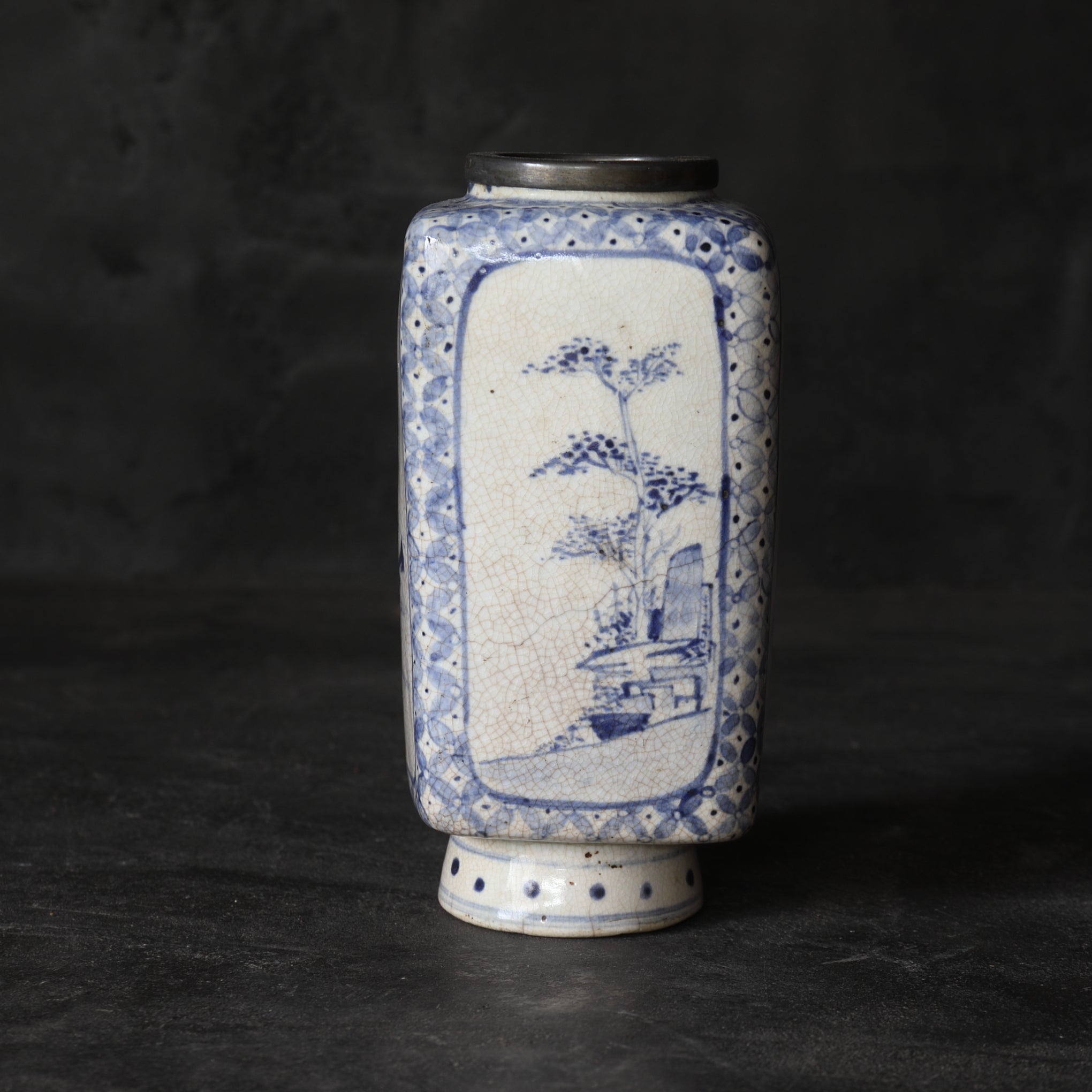 Antique Imari Ware Vase with Tin Rim, with Wooden Box, Edo Period (1603-1867CE)