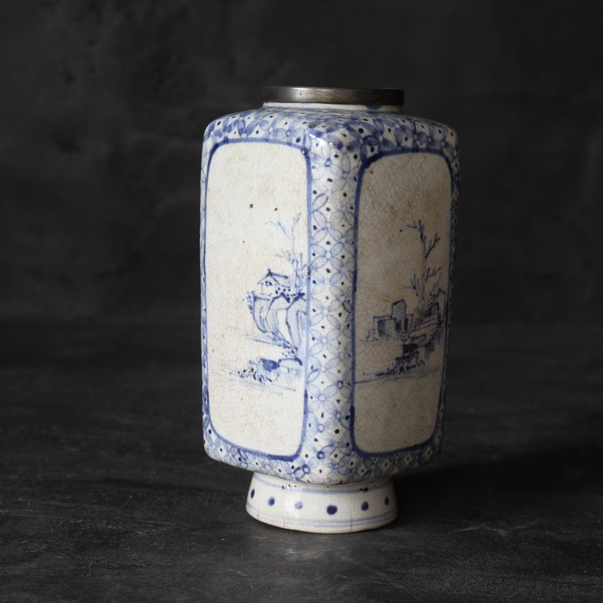 Antique Imari Ware Vase with Tin Rim, with Wooden Box, Edo Period (1603-1867CE)