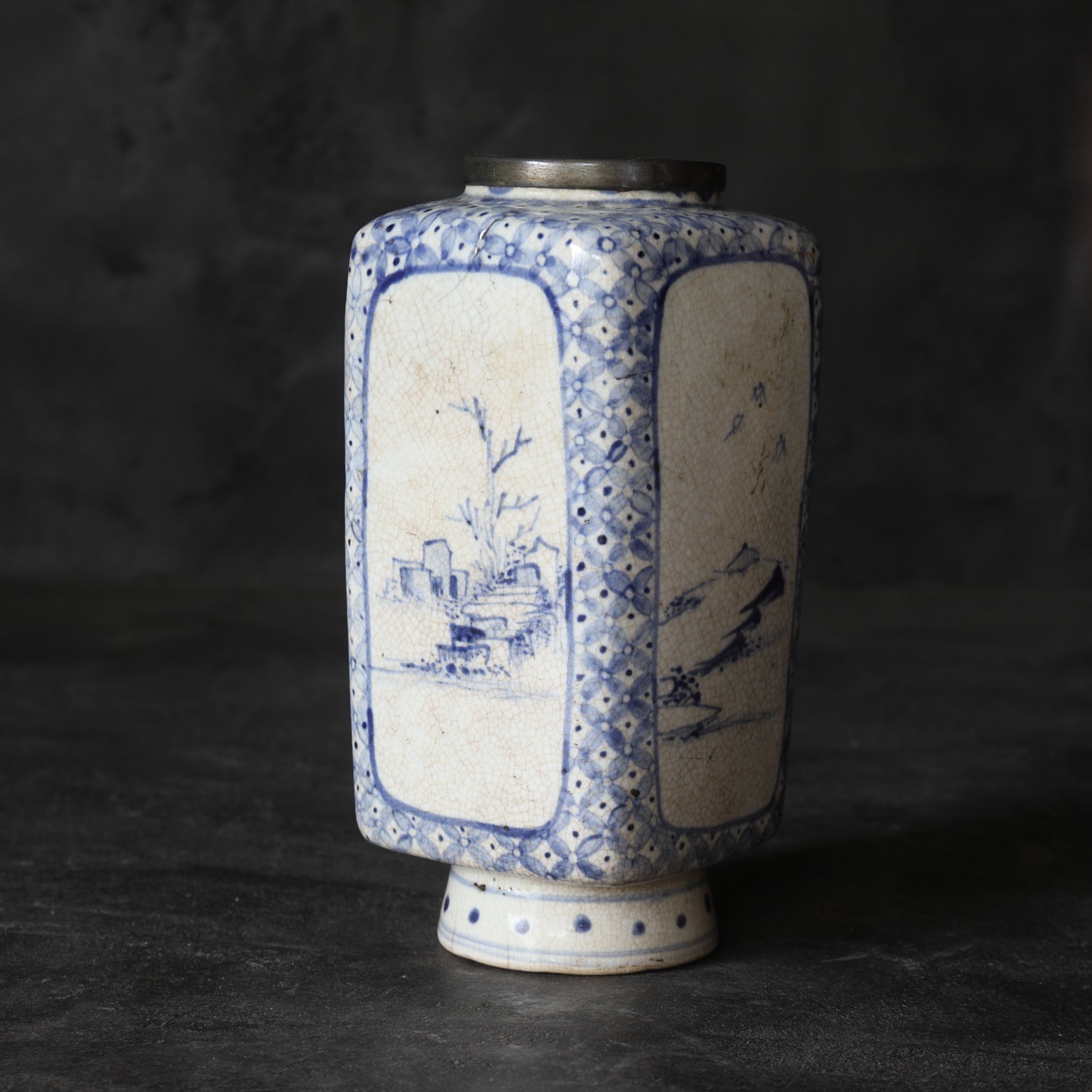 Antique Imari Ware Vase with Tin Rim, with Wooden Box, Edo Period (1603-1867CE)