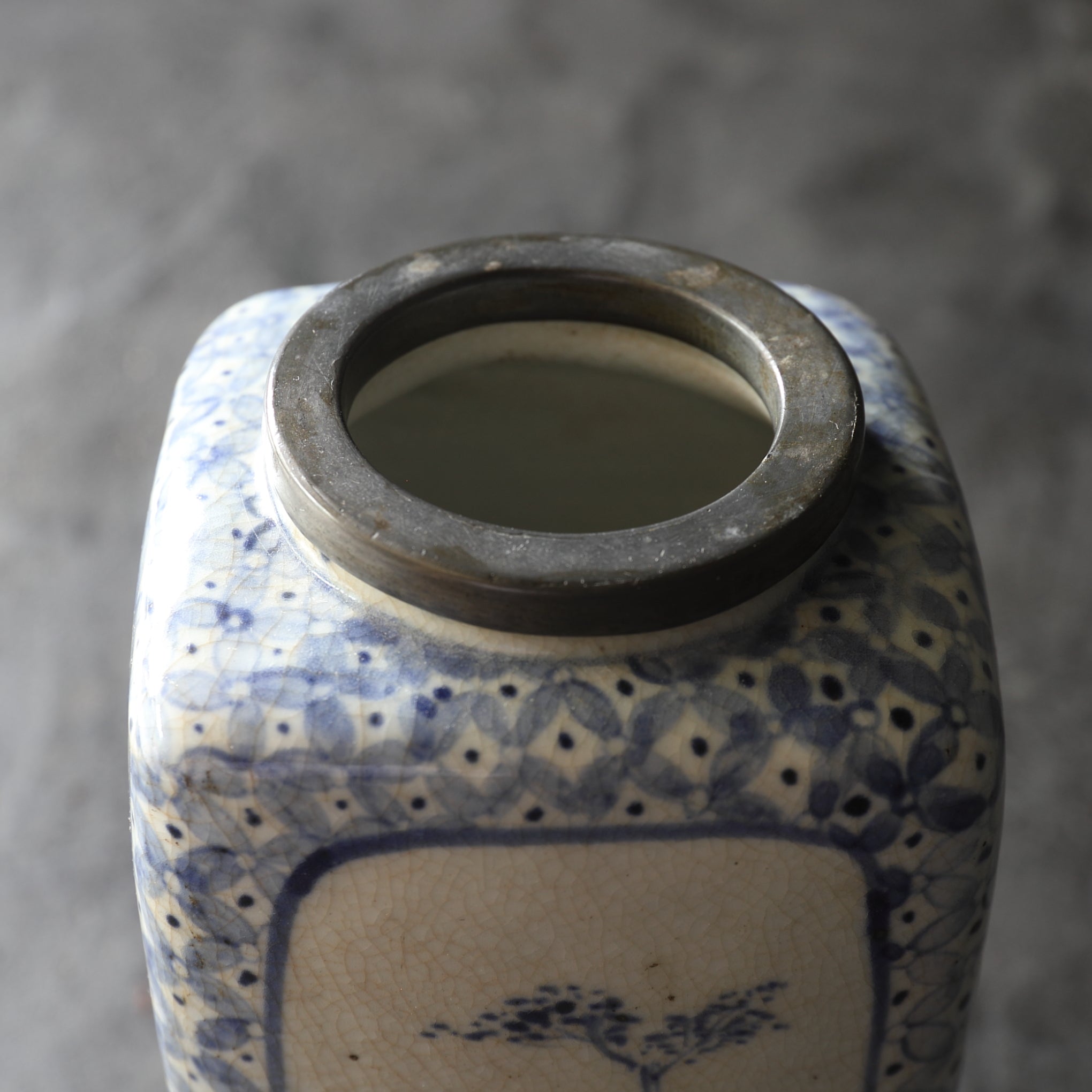 Antique Imari Ware Vase with Tin Rim, with Wooden Box, Edo Period (1603-1867CE)