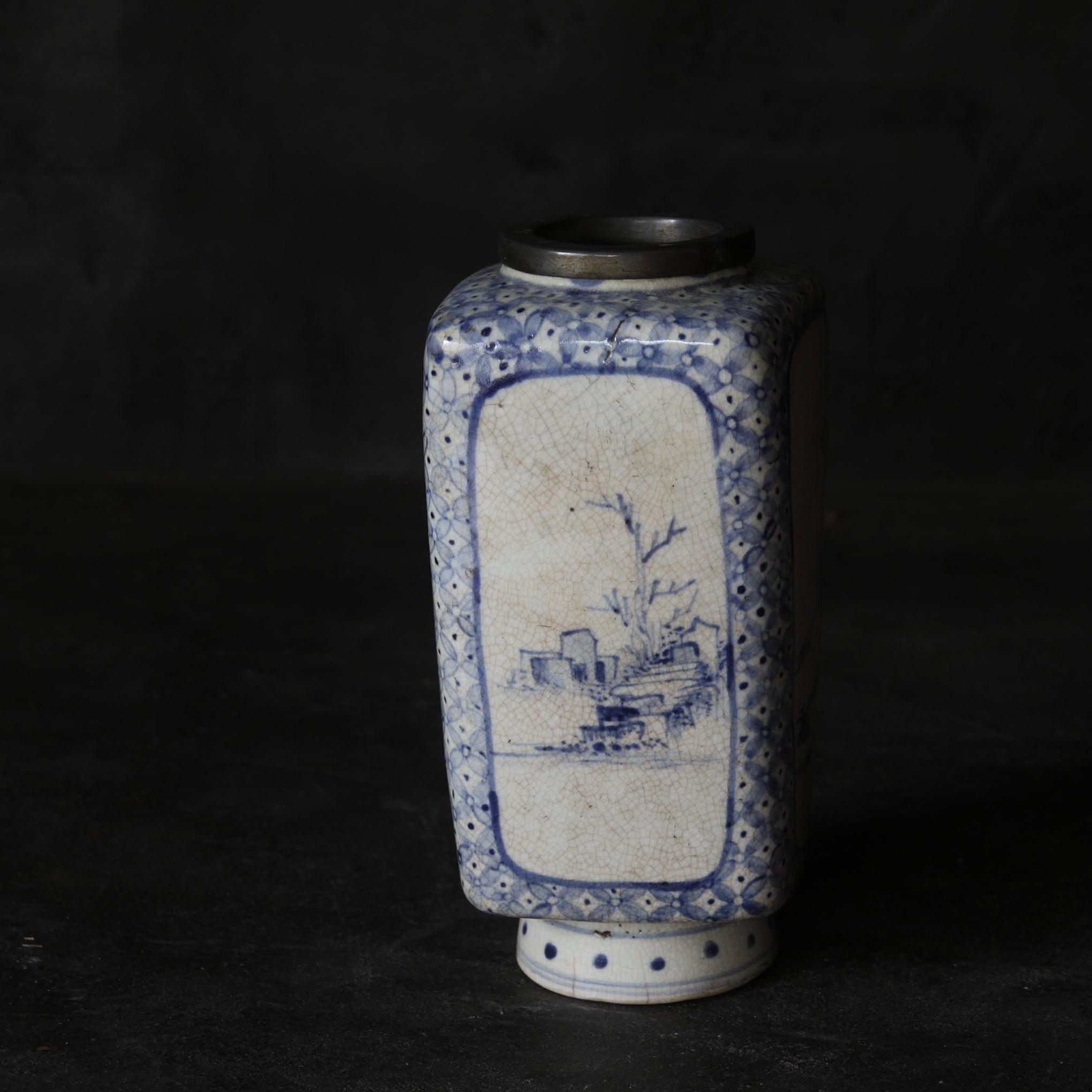 Antique Imari Ware Vase with Tin Rim, with Wooden Box, Edo Period (1603-1867CE)