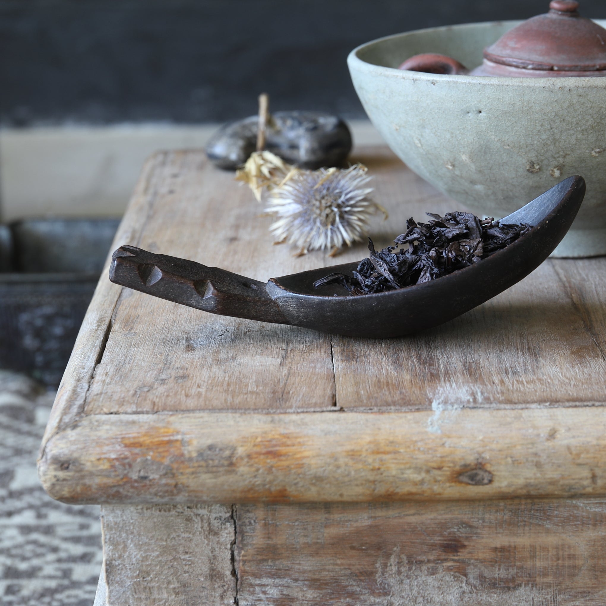 Antique Wooden Tea Spoon and Tea Container, India, 16th-19th Century