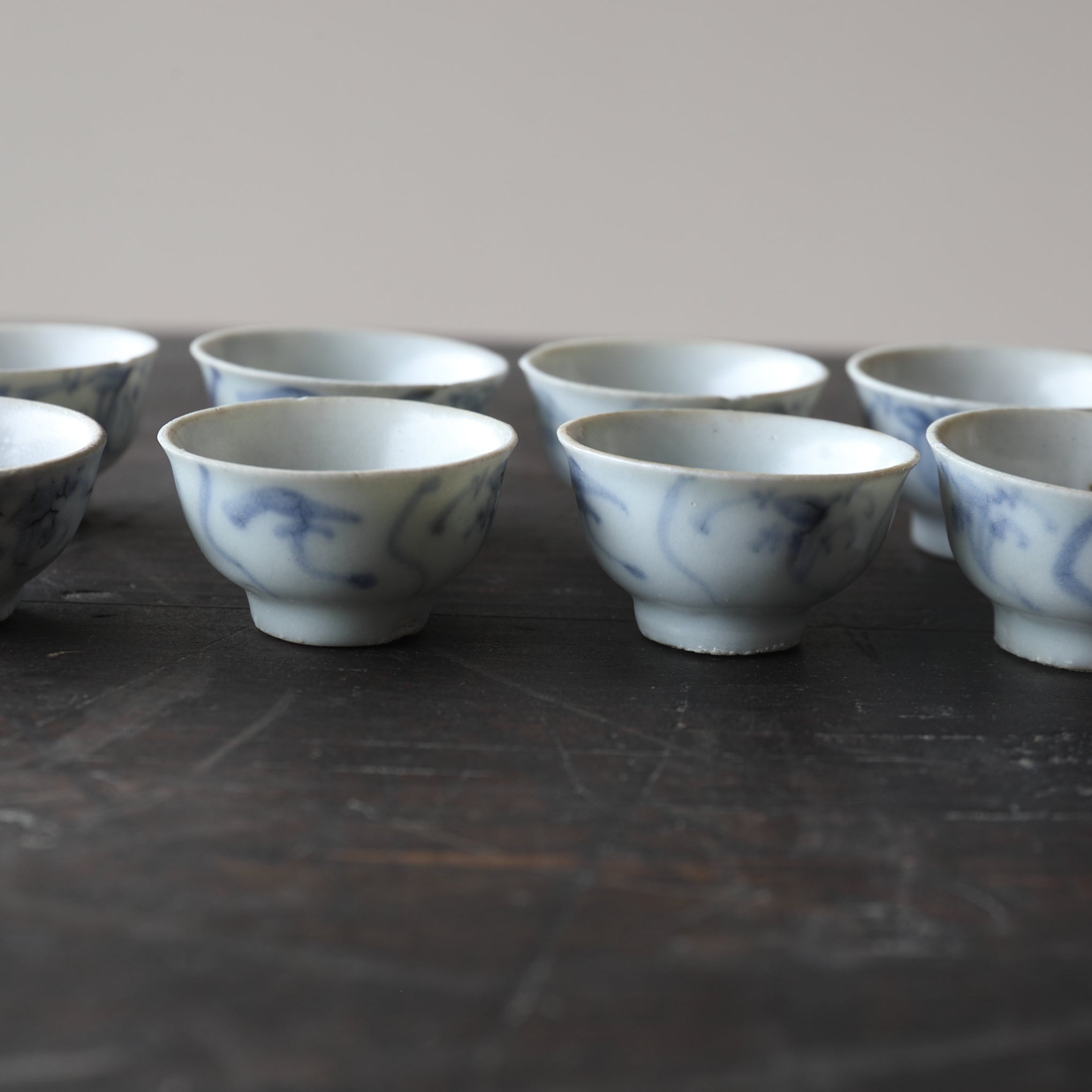 Set of 10 Ming Dynasty Blue and White Grass Pattern Tea Cups (1368-1644CE)