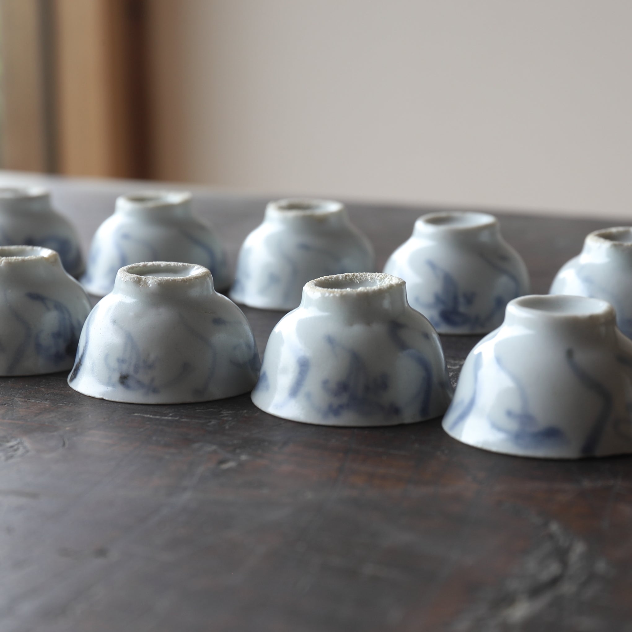 Set of 10 Ming Dynasty Blue and White Grass Pattern Tea Cups (1368-1644CE)