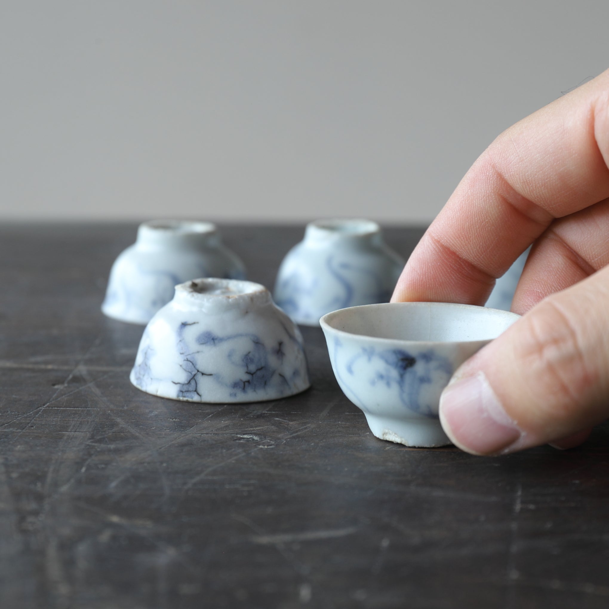 Set of 10 Ming Dynasty Blue and White Grass Pattern Tea Cups (1368-1644CE)