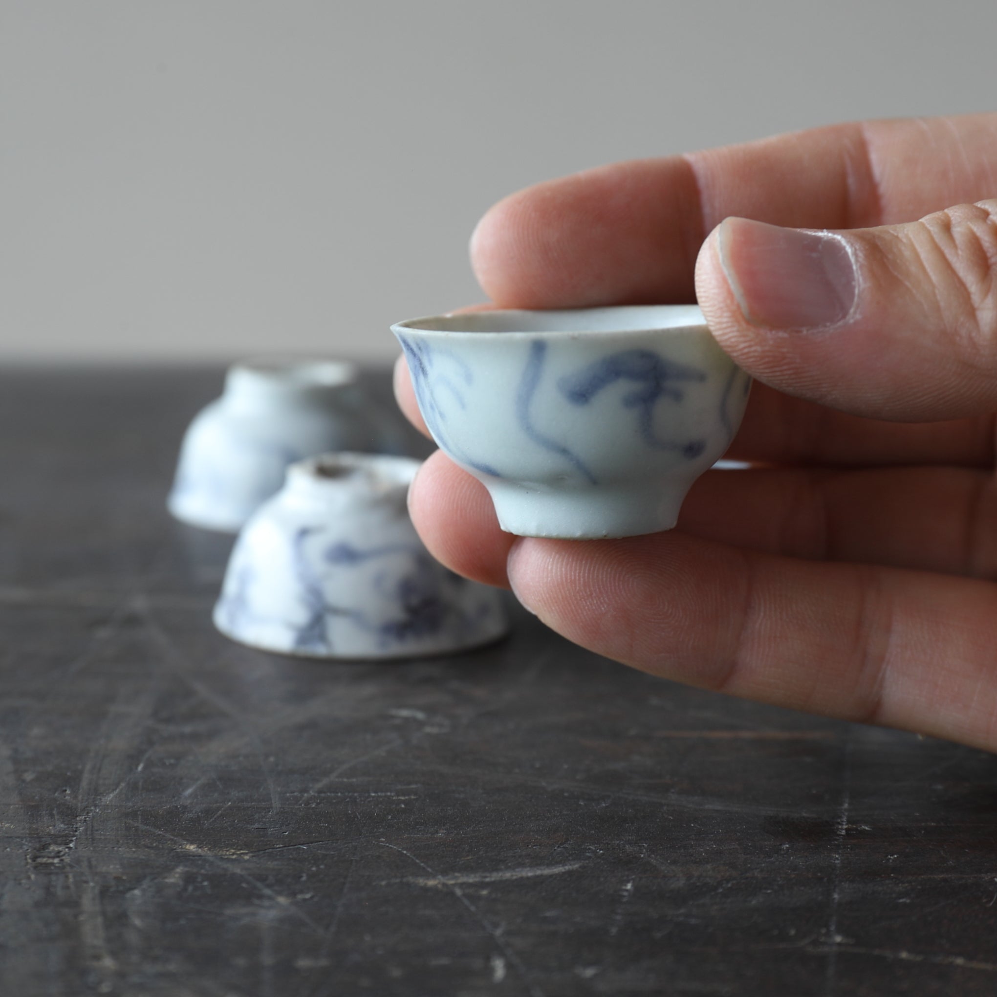 Set of 10 Ming Dynasty Blue and White Grass Pattern Tea Cups (1368-1644CE)