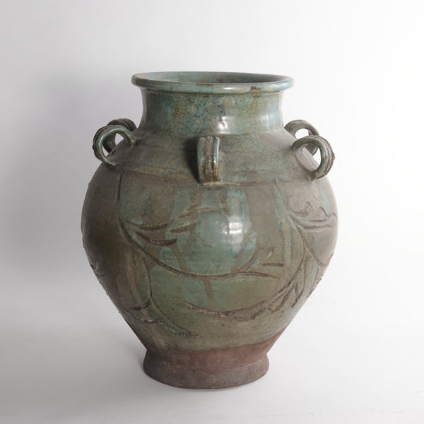 Ko-Karatsu green-glazed arabesque pattern six-eared jarmedicinal herb tea leaf jar Edo/1603-1867CE