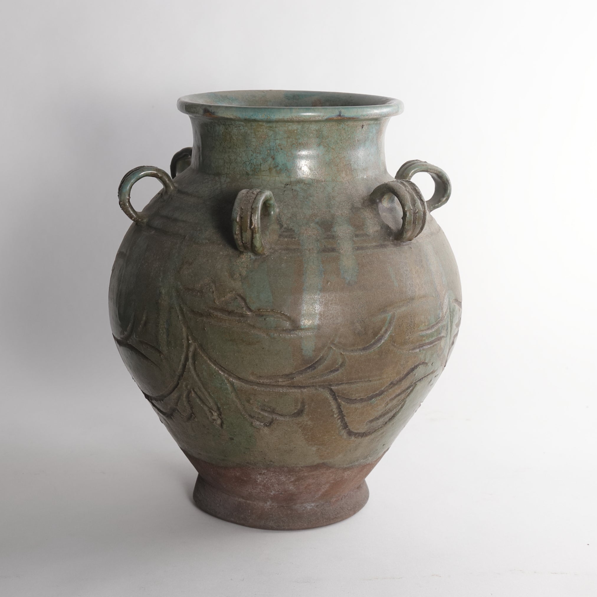 Ko-Karatsu green-glazed arabesque pattern six-eared jarmedicinal herb tea leaf jar Edo/1603-1867CE