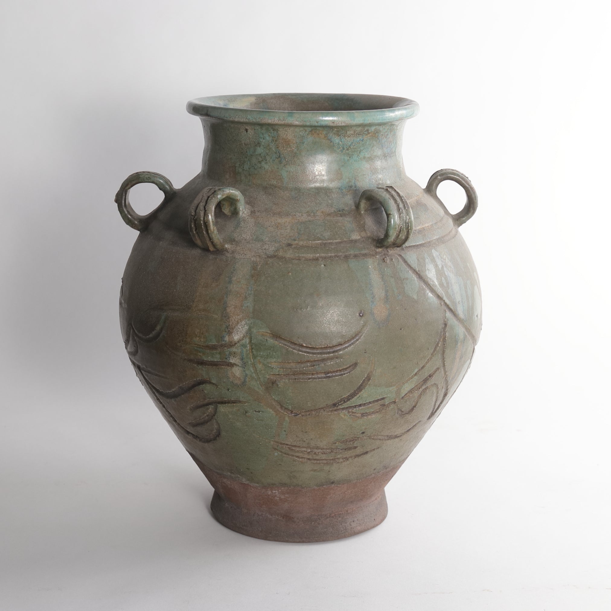 Ko-Karatsu green-glazed arabesque pattern six-eared jarmedicinal herb tea leaf jar Edo/1603-1867CE