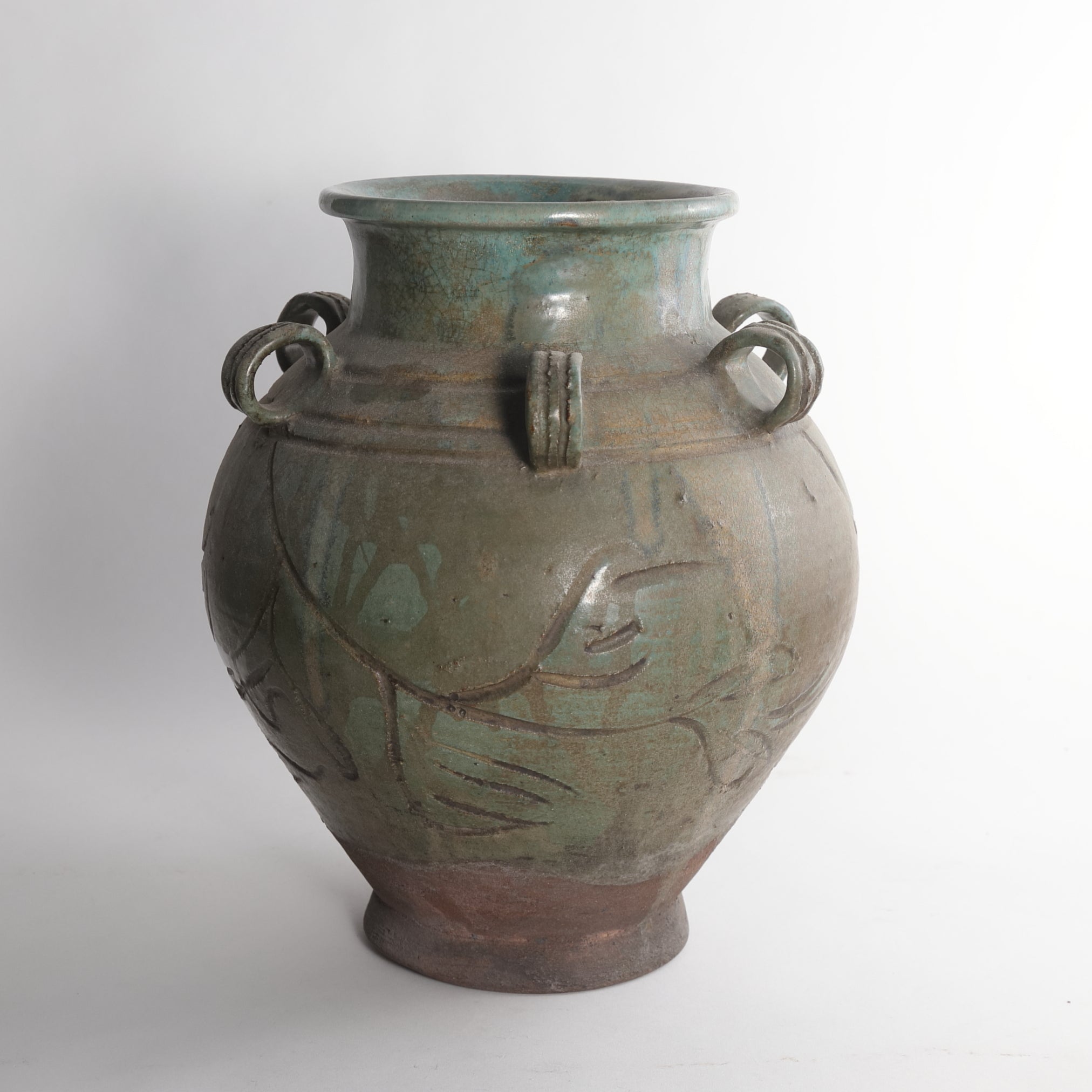 Ko-Karatsu green-glazed arabesque pattern six-eared jarmedicinal herb tea leaf jar Edo/1603-1867CE