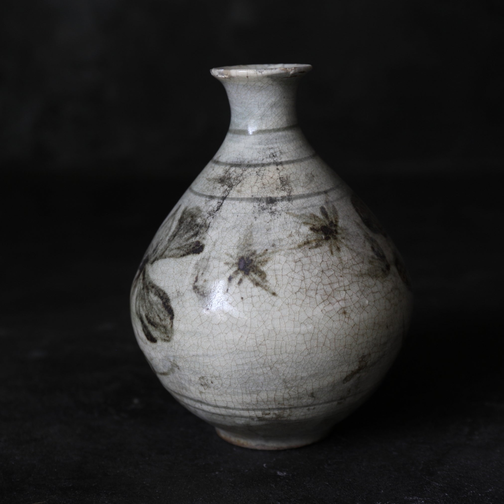 李朝 粉青沙器 鉄絵 草花文瓶 李氏朝鮮時代/1392-1897CE