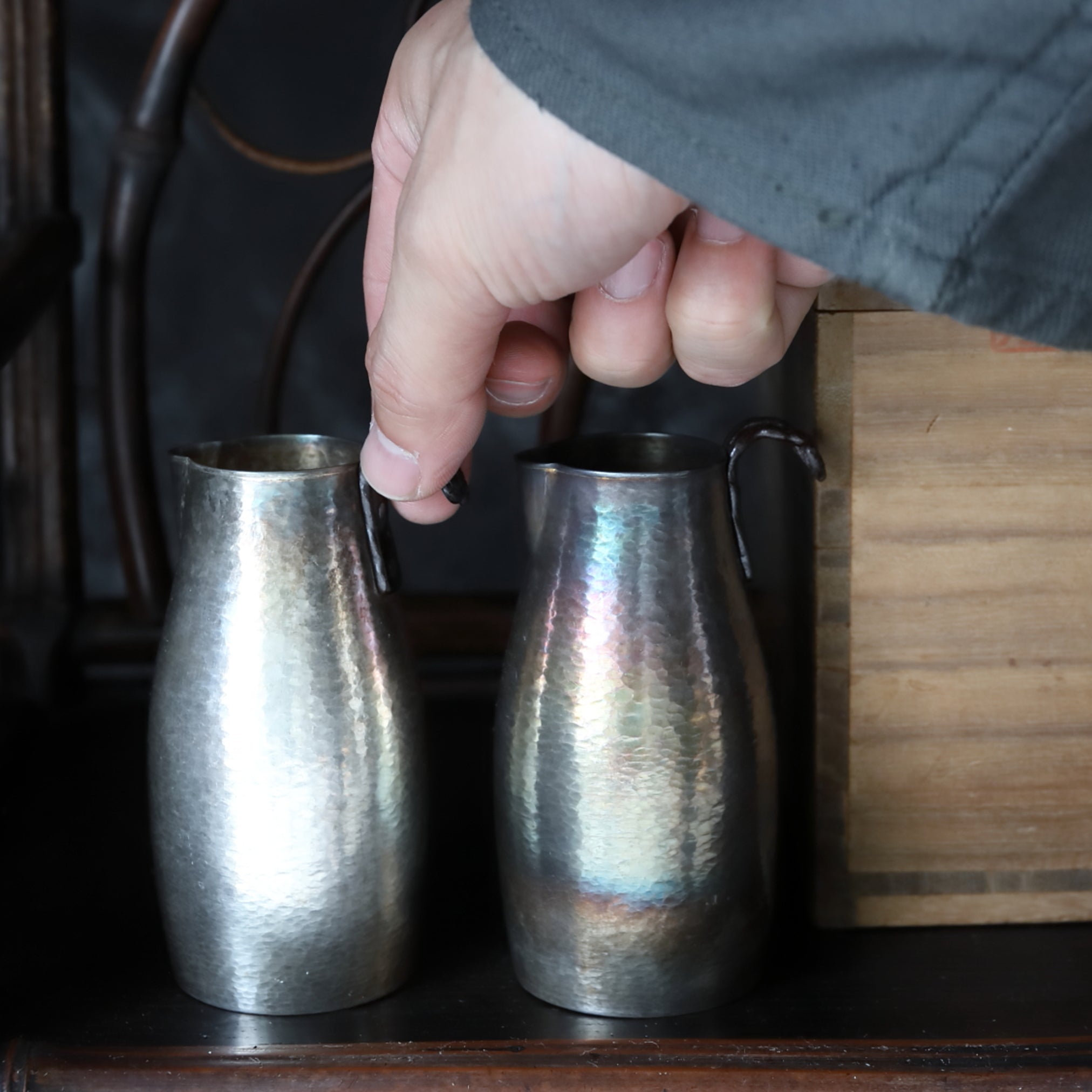 A Pair of Sake Jug with Sterling Silver Hammered Reishi Mushroom