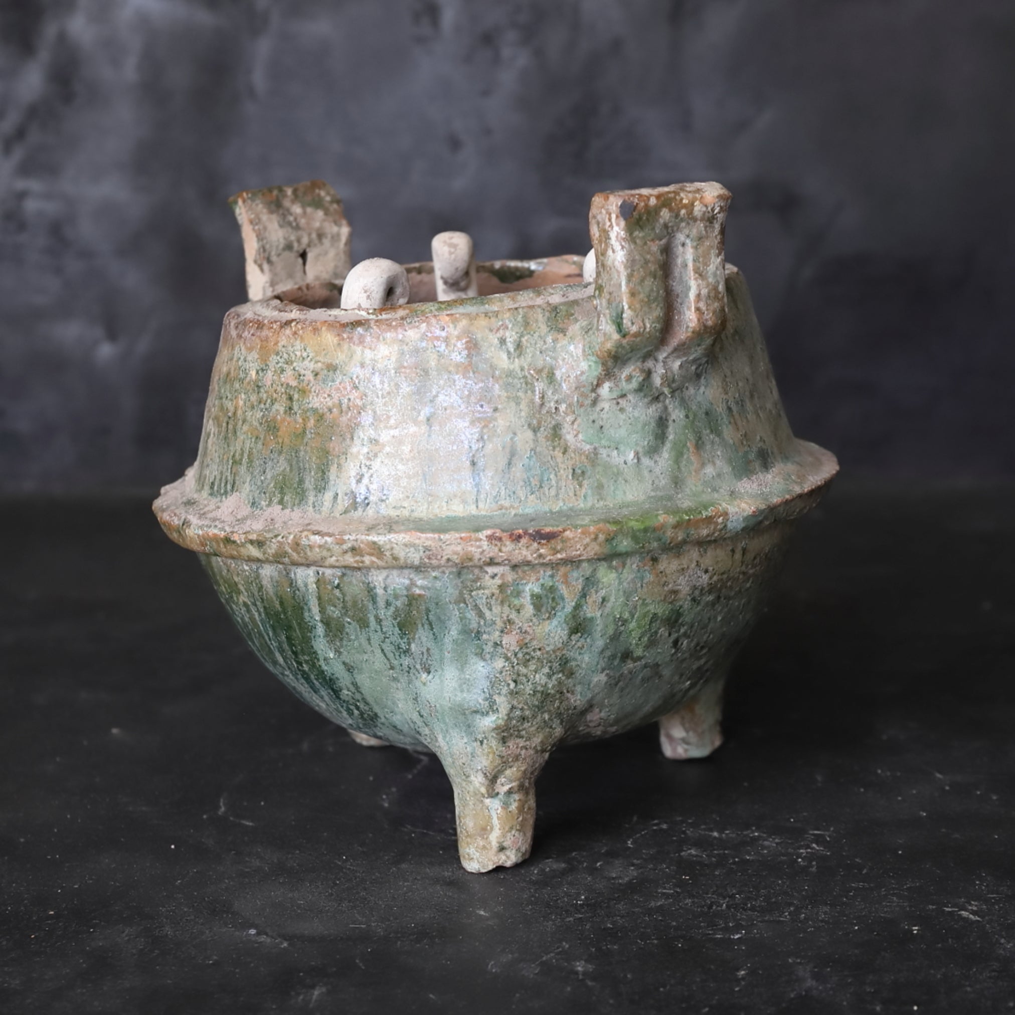 Silvered green glaze kanae with white clay trivet Han Dynasty/206BCE-220CE