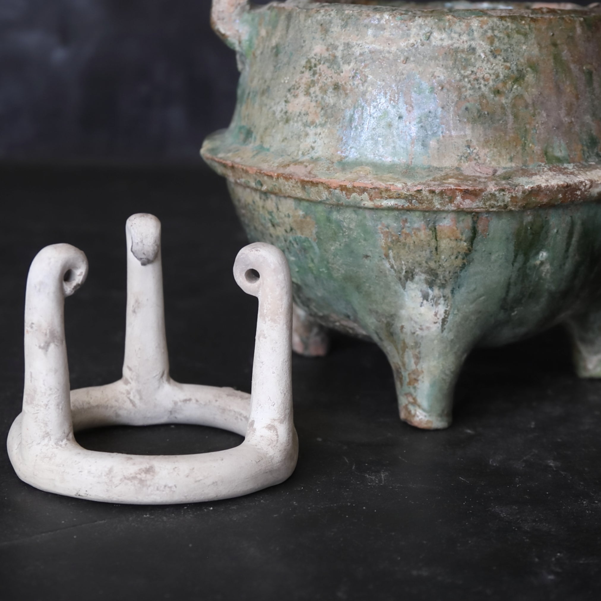 Silvered green glaze kanae with white clay trivet Han Dynasty/206BCE-220CE