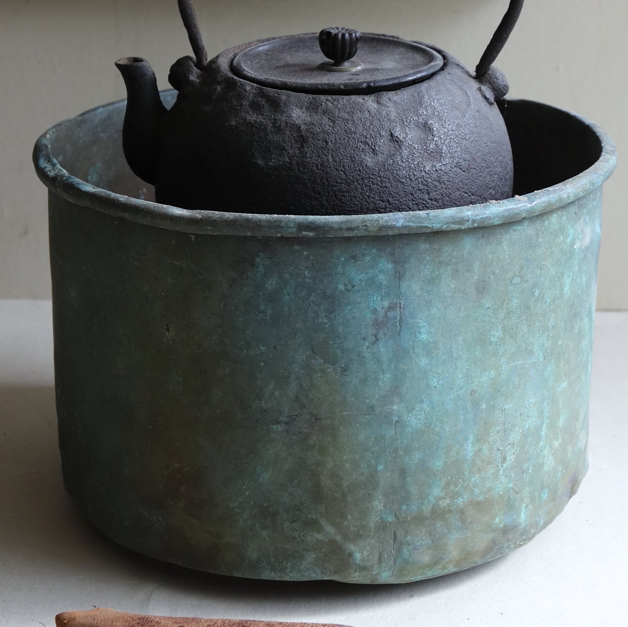 Rusty and withered green bronze bowl brazier