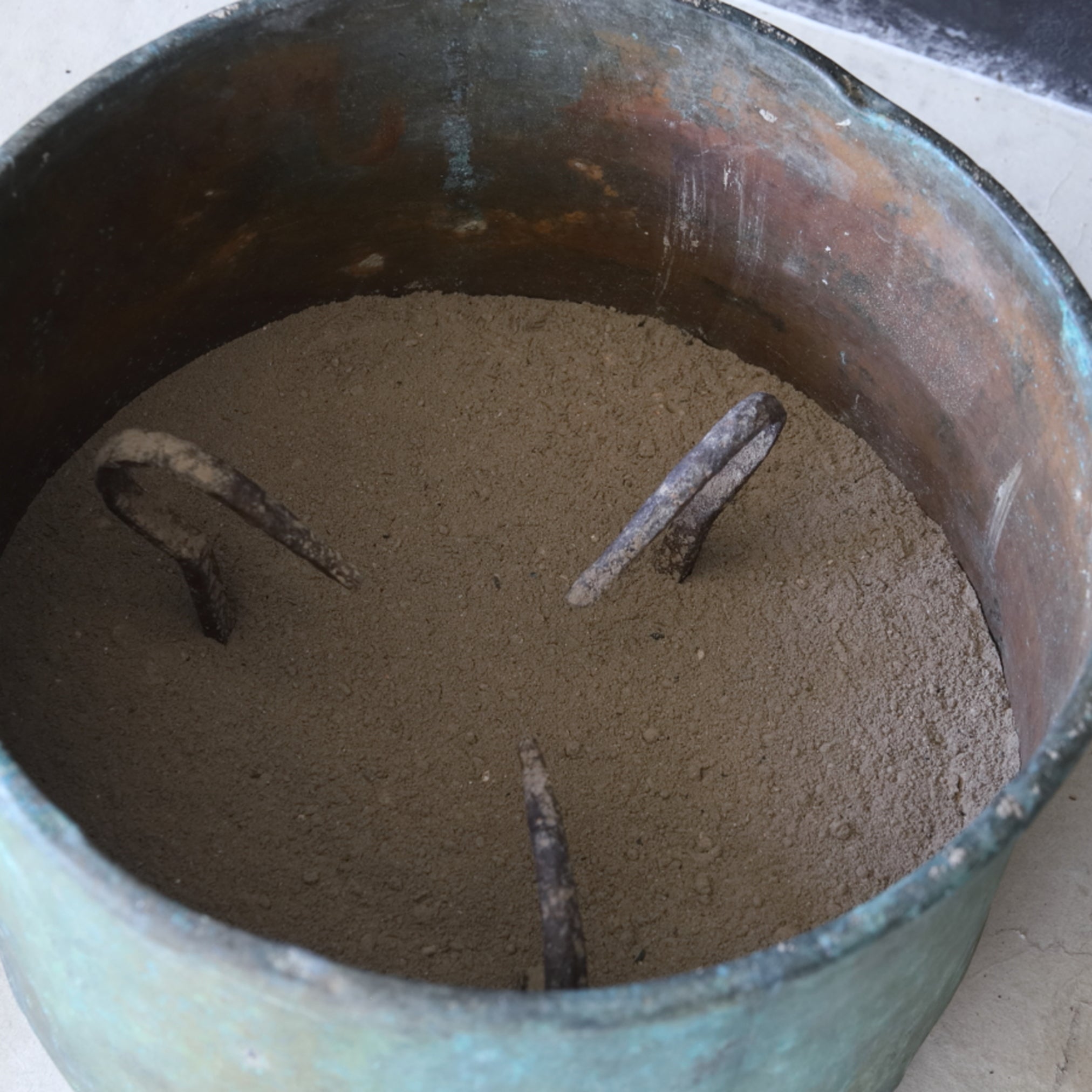 Rusty and withered green bronze bowl brazier