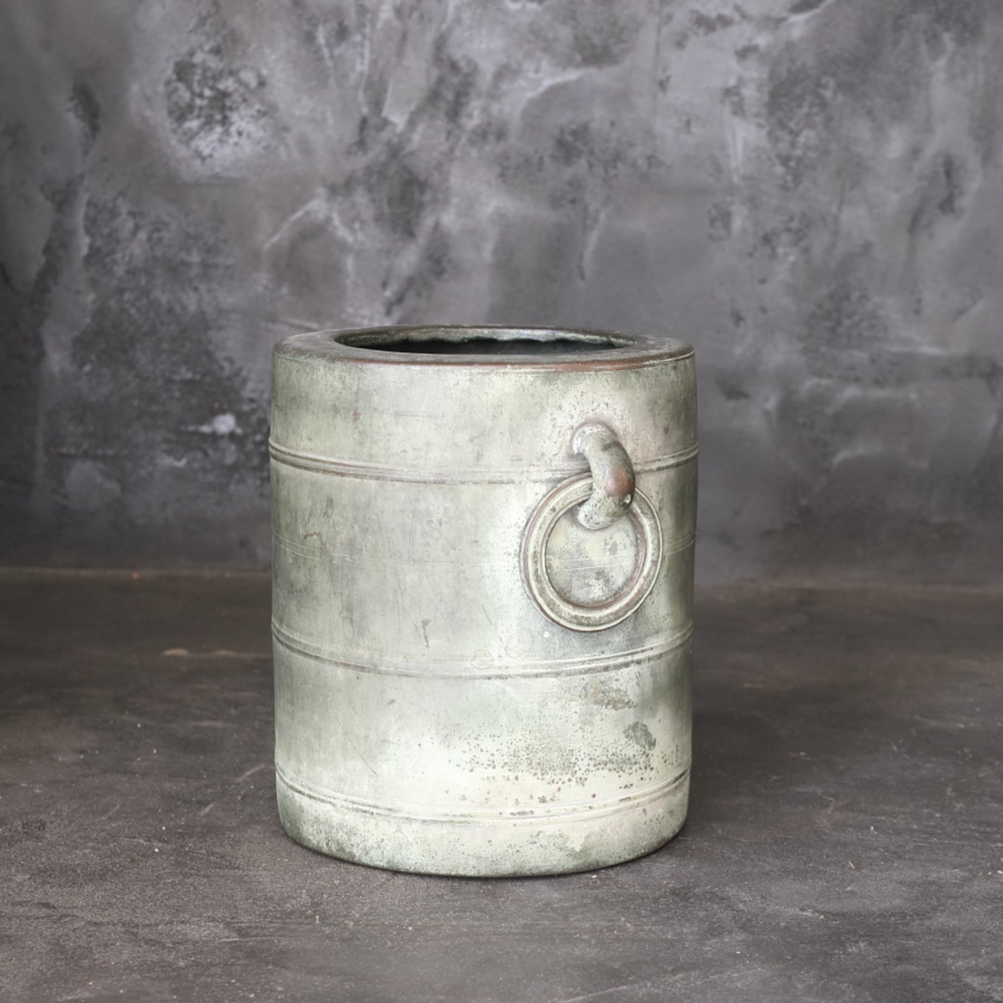 Verdigris Bronze imitation Bamboo bowl with ring Flower vase/Brazier Qing Dynasty/1616-1911CE