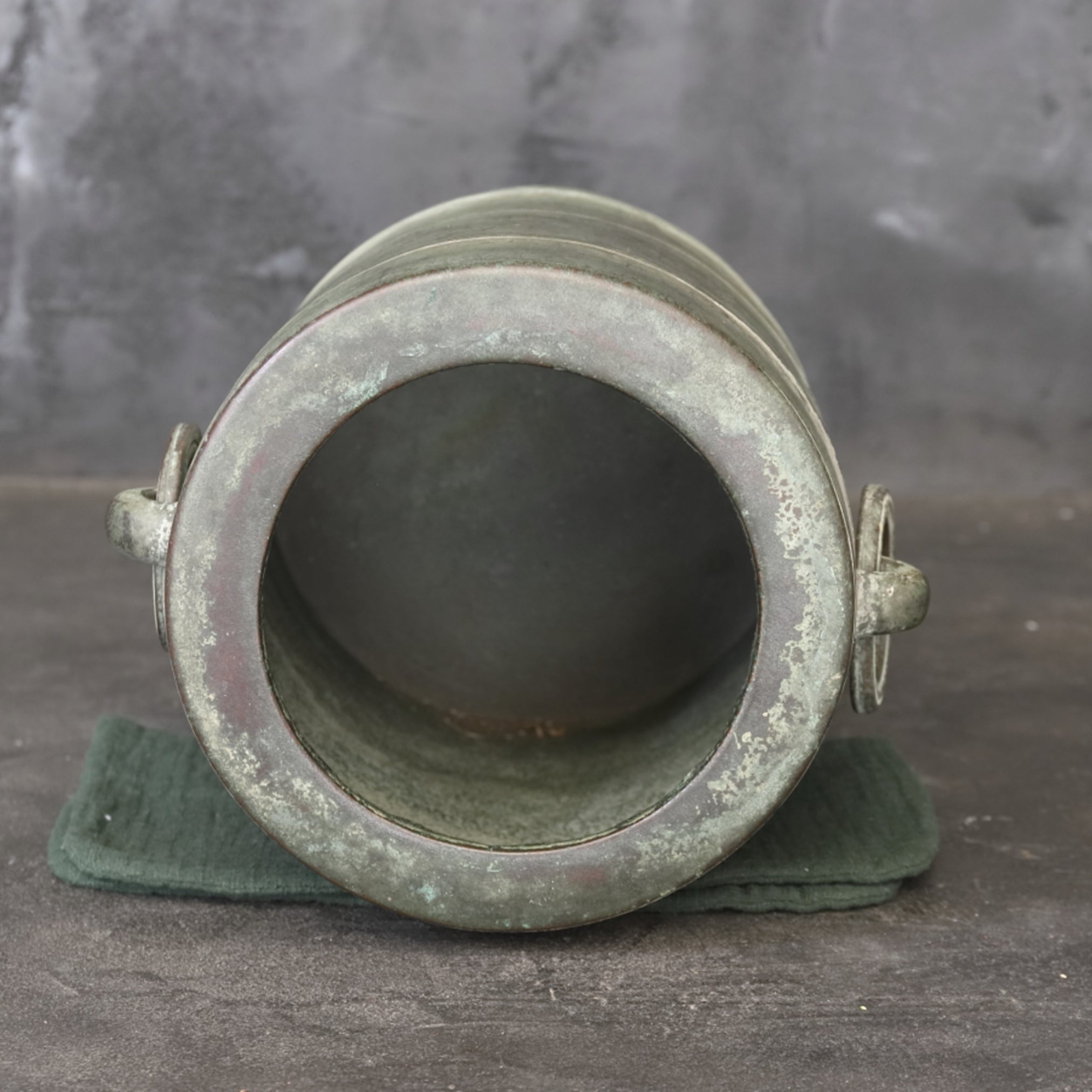 Verdigris Bronze imitation Bamboo bowl with ring Flower vase/Brazier Qing Dynasty/1616-1911CE