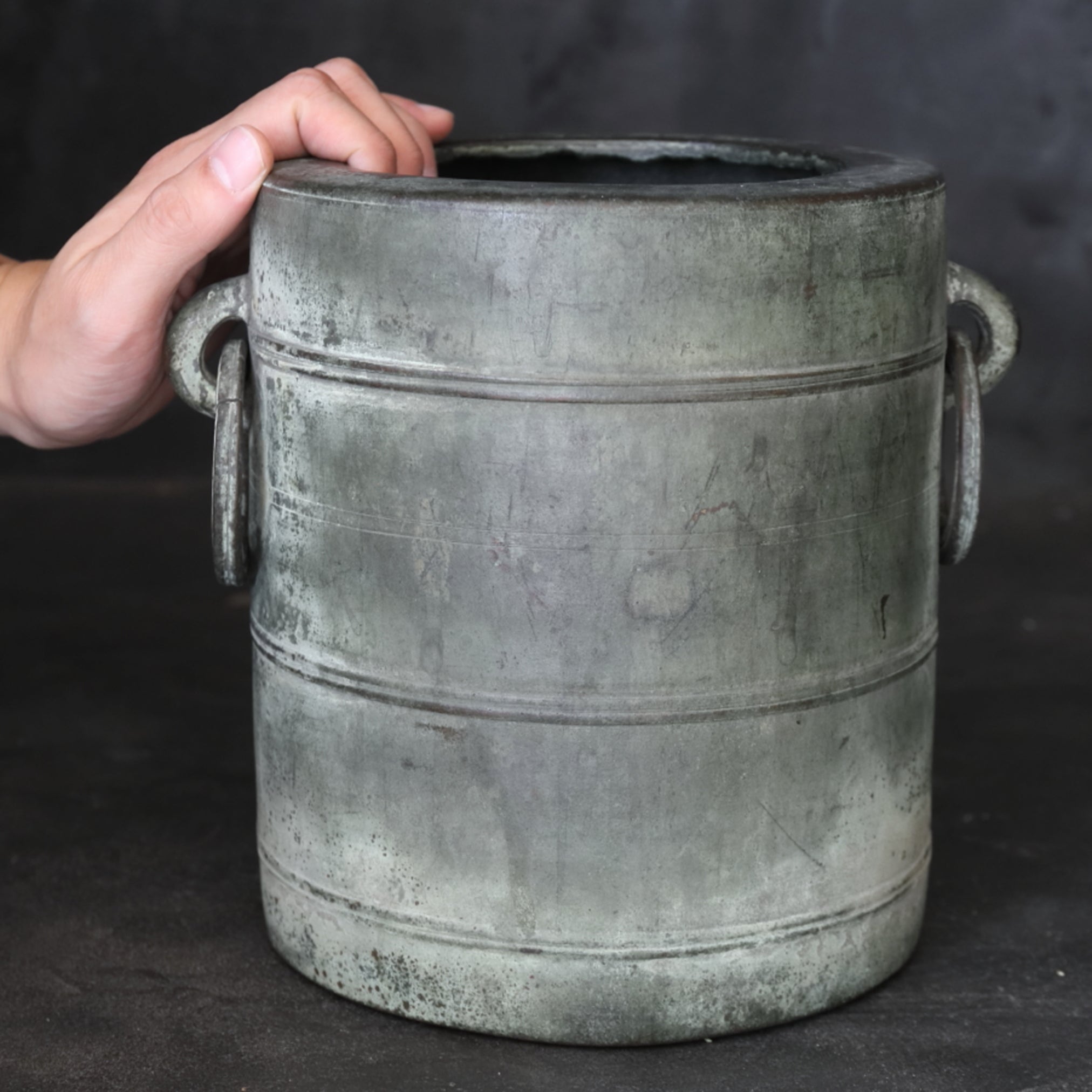 Verdigris Bronze imitation Bamboo bowl with ring Flower vase/Brazier Qing Dynasty/1616-1911CE