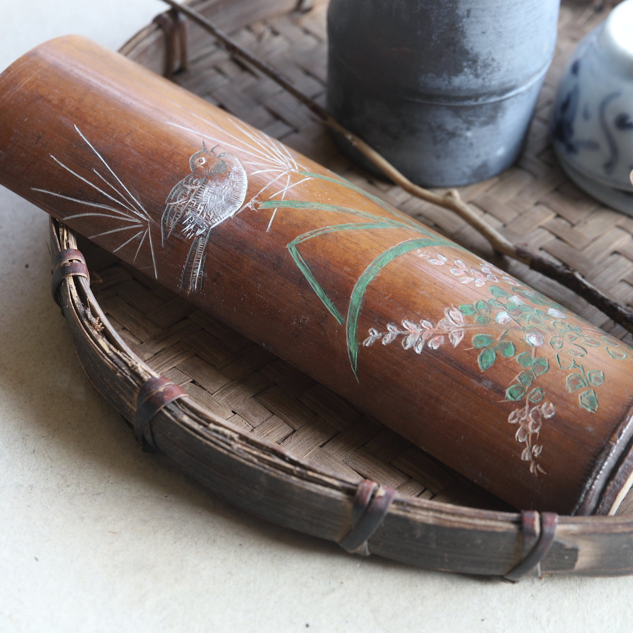 Flower And Birds Desighned Antique Bamboo Tea-Leaf scoop. Meiji/1868-1912CE