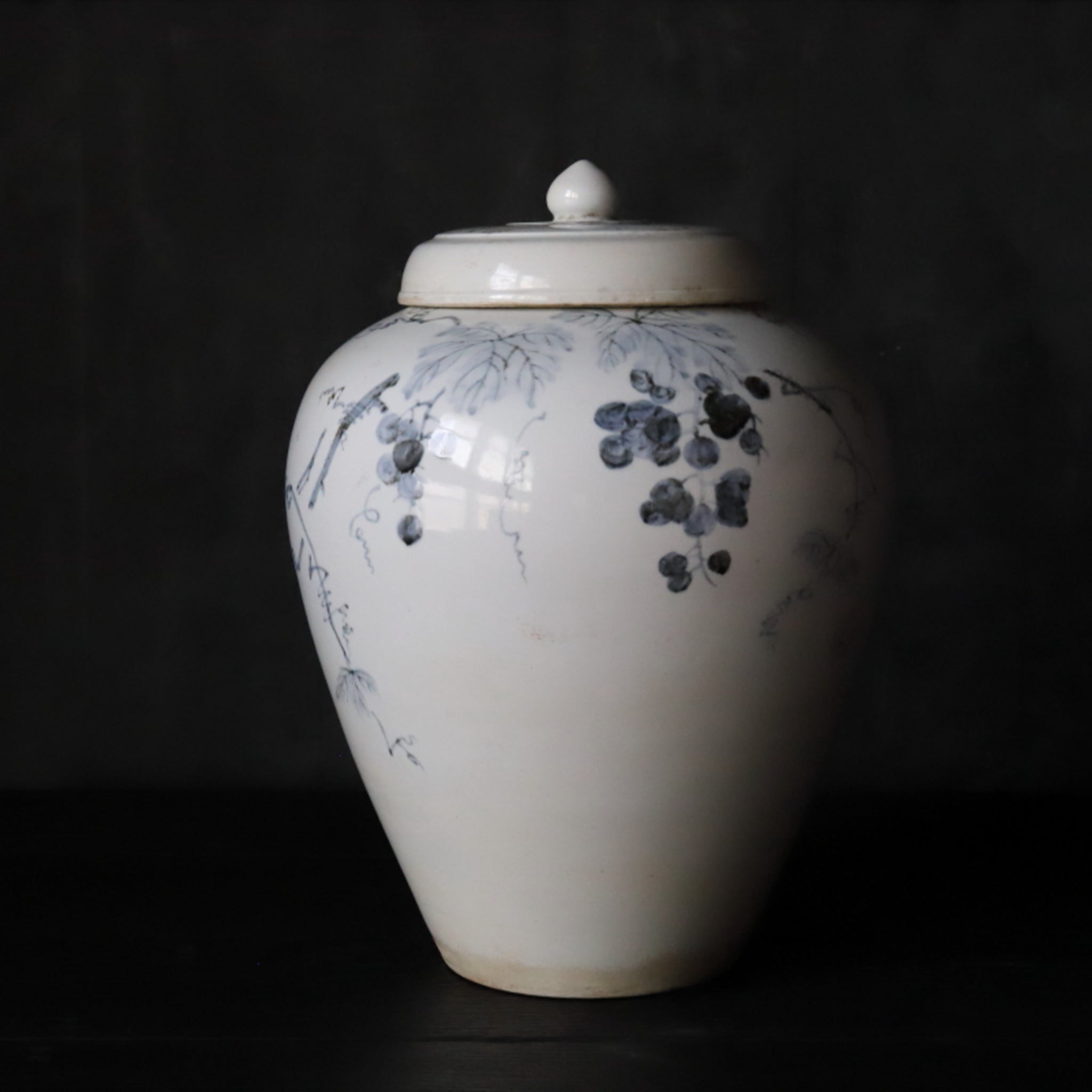 Korean Antique white porcelain celadon vase with grape pattern lid Joseon Dynasty/1392-1897CE